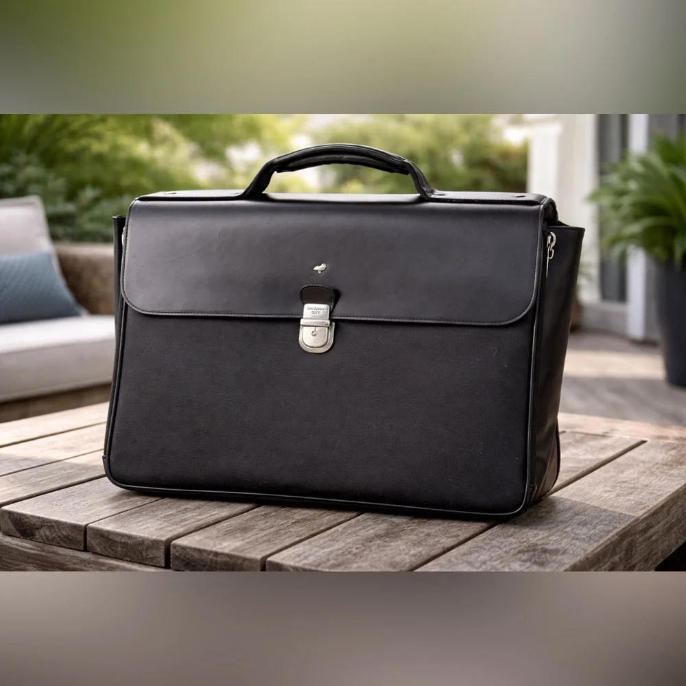 Mandarina Duck Black Leather Briefcase with Top Handle